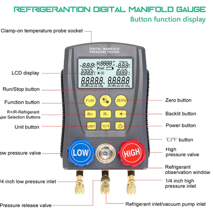Refrigeration digital manifold gauge with labeled buttons and features on a white background