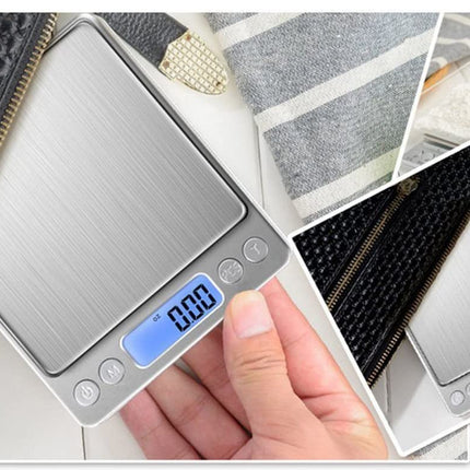 Digital pocket scale held by a hand with multiple views of the scale.