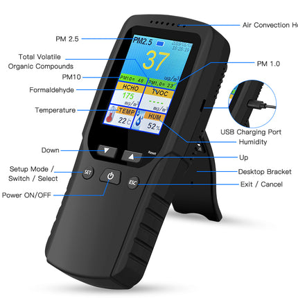 Black environmental monitor with digital display and labeled features on a white background