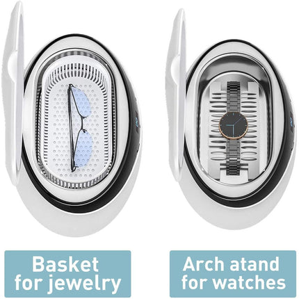 Two jewelry organizers with one for jewelry baskets and the other for arch stands, on a white background.