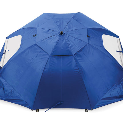 Blue and white umbrella on a white background