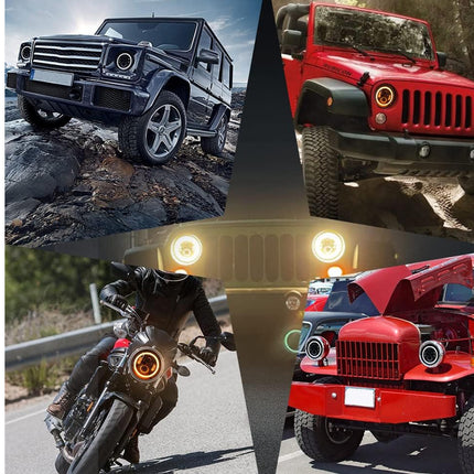 Collage of four images featuring different vehicles: a black SUV, a red Jeep, a motorcycle, and a red vintage car.