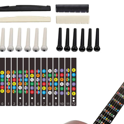 Guitar fretboard training accessory kit with black and white strings, black and white truss rod covers, and 15 colorful round fretboard stickers labeled with musical notes and numbers, shown alongside a close-up of a guitar fretboard.