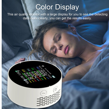 Air quality monitor with a large display on a bed, showing text about color display.