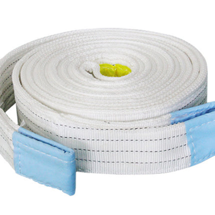 White webbing strap with blue ends on a white background