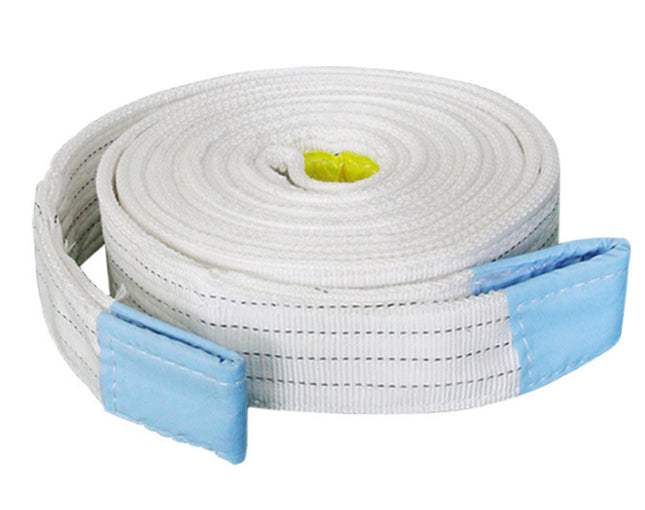 White webbing strap with blue ends on a white background