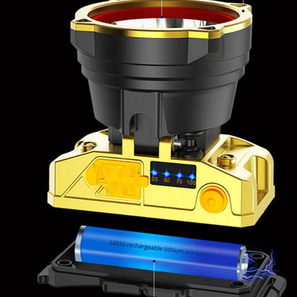 Black and gold flashlight with blue battery on a black background