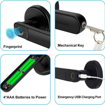 Four-panel feature diagram of a black electronic door lock or key fob device, showing fingerprint recognition, mechanical key insertion, 4 AAA batteries, and an emergency USB charging port, on a white background.