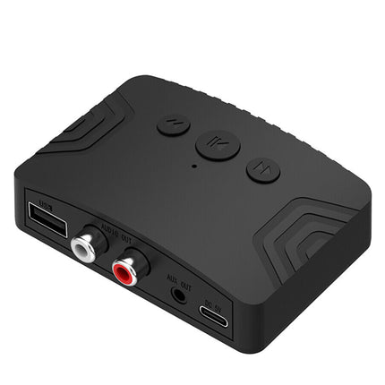 Black audio interface with multiple ports on a white background