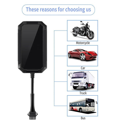 A black rectangular electronic device with a cable connector on a white background, shown next to a list of vehicles it is suitable for: motorcycle, car, truck, and bus. The header reads 'These reasons for choosing us'.
