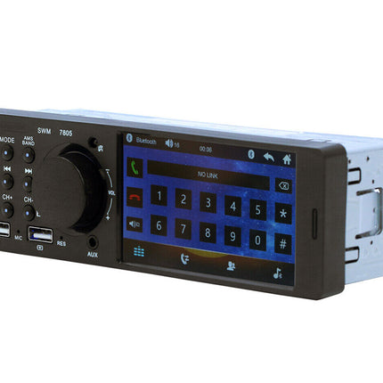 Car stereo system with digital display and control buttons on a white background