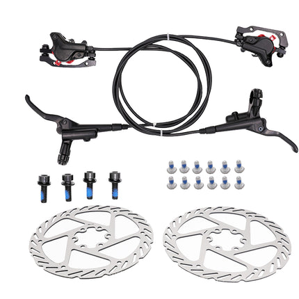 Bicycle brake system components including calipers, cables, rotors, and hardware on a white background.