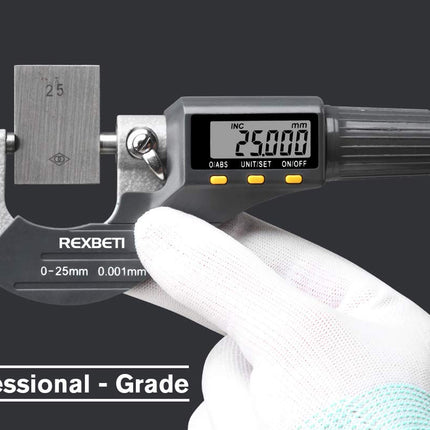 A digital micrometer caliper with a black and silver body, held by a white-gloved hand against a dark gray background. The brand name 'REXBETI' is visible on the product body.