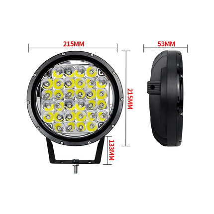 A black round LED off-road light shown from the front and side with red dimension labels indicating 215mm width, 53mm depth, and 135mm height on a white background.