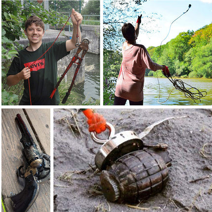 Collage of four images featuring a person with a tool, a person with a fishing net, a revolver, and an old-fashioned grenade.