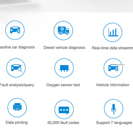 Set of icons and text related to automotive diagnostics on a white background