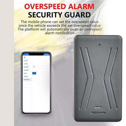 Overspeed alarm security guard device with smartphone app on a gray background