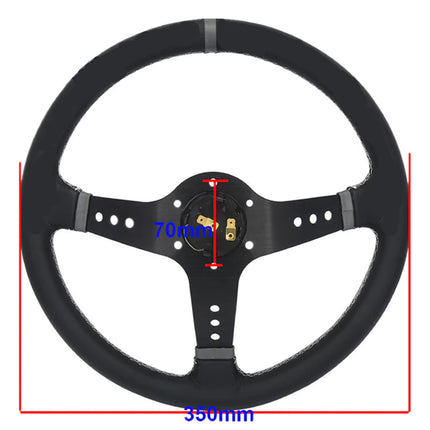 Black multi-spoke car steering wheel with red dimension lines and blue text indicating 700mm diameter and 350mm width on a white background.