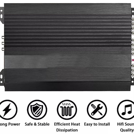 Black electronic amplifier with feature icons on a white background