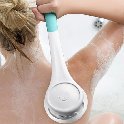 Person using a handheld showerhead with a blue handle on a white background