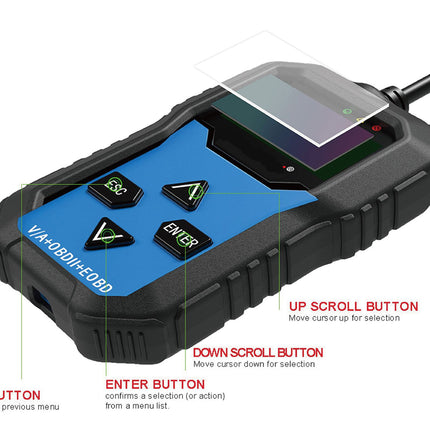 Close-up of a diagnostic tool with labeled buttons on a white background