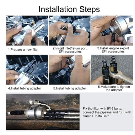 Step-by-step installation guide for automotive parts with hands performing tasks.