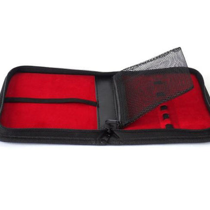Red and black zippered pouch on a white background