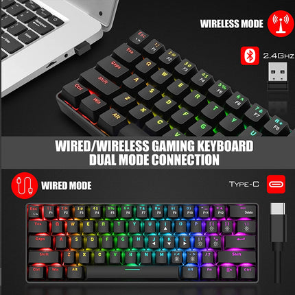 Promotional graphic for a wireless and wired gaming keyboard. The top half shows the keyboard wired to a laptop in wireless mode, with text indicating Bluetooth 2.