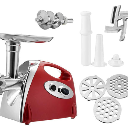 Red meat grinder with various attachments on a white background