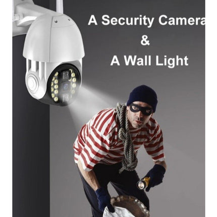 A security camera and wall light promotional graphic showing a white dome security camera mounted on a wall, a thief in a red-and-white striped shirt and black mask holding a flashlight, and the text 'A Security Camera & A Wall Light' on a gray background.