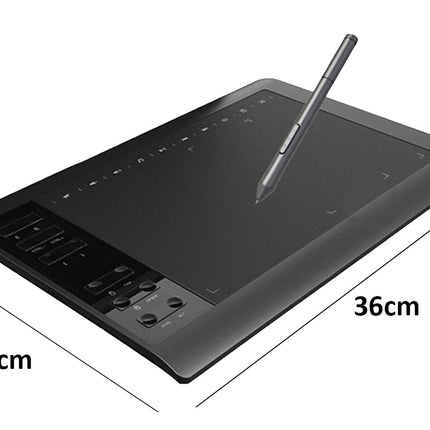 Graphite digital drawing tablet with pen and dimensions on a white background