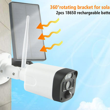 Security camera with solar panel and 360-degree rotating bracket on a tiled wall.