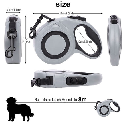 Retractable dog leash with dimensions and features on a white background