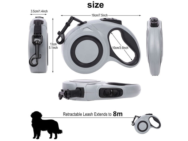 Retractable dog leash with dimensions and features on a white background