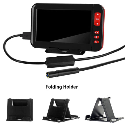 Black car rearview mirror monitor with red buttons and a flexible camera cable, shown above three folding holder views on a white background.