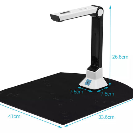 Document camera with dimensions labeled on a white background