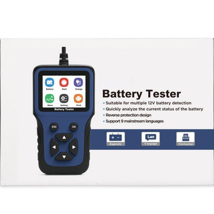A boxed product labeled 'Battery Tester' on a white background. The box shows a blue and black handheld device with a screen and control buttons, plus text describing battery detection and multi-language support.