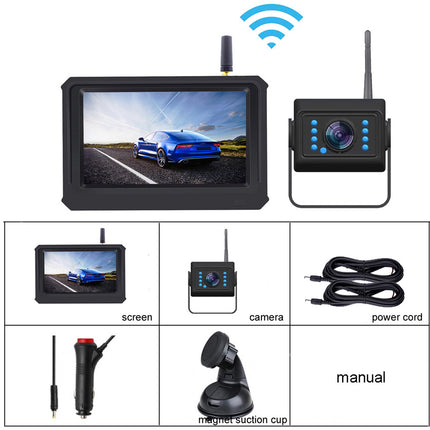 Car reverse camera system with screen, camera, power cord, and manual on a white background