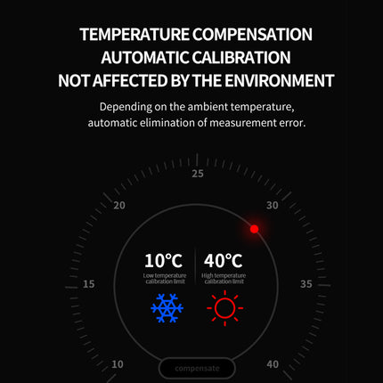 Temperature compensation and calibration feature with temperature gauge on a black background