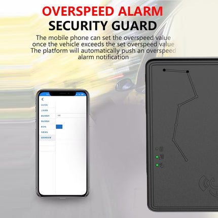 Overspeed alarm security guard with smartphone app on a gray background