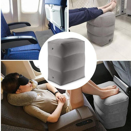 Collage of a footrest being used in an airplane seat with close-up details.