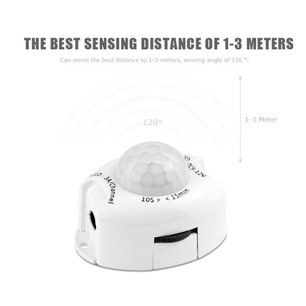 Pir sensor with text on sensing distance on a white background