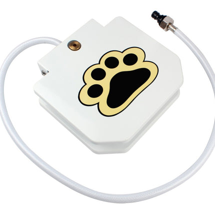 A white plastic pet water fountain with a gold and black paw print graphic on the lid, connected to a white hose with a metal fitting, shown on a white background.