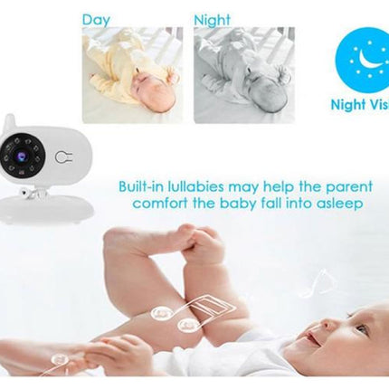Baby monitor with night vision feature and lullabies for comfort, shown with baby images and text.