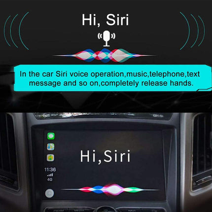 A promotional graphic for a car stereo touchscreen system showing the 'Hi, Siri' interface. The top half contains text explaining voice operation for music, telephone, text message, and other functions, with a cyan text box.