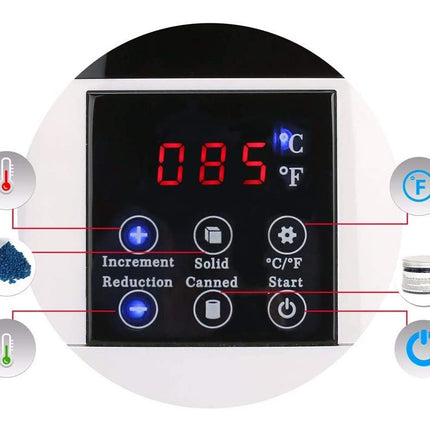 Digital temperature control panel with various buttons and display on a white background