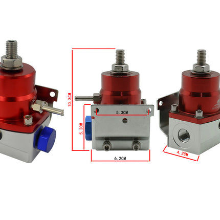 Red and silver mechanical component with dimensions on a white background