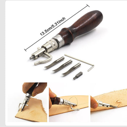 Leatherworking punch tool set with a dark wood handle, silver metal punch head, and several interchangeable metal blades shown on a white background, with a dimension annotation and small inset photos demonstrating use.