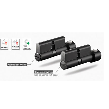 Two black keyless lock cylinders with labels on a white background