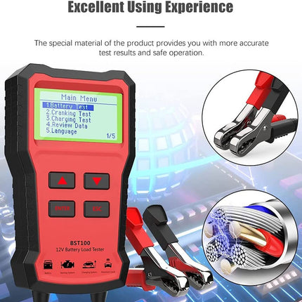 Red battery load tester with digital display and clamps on a blurred background